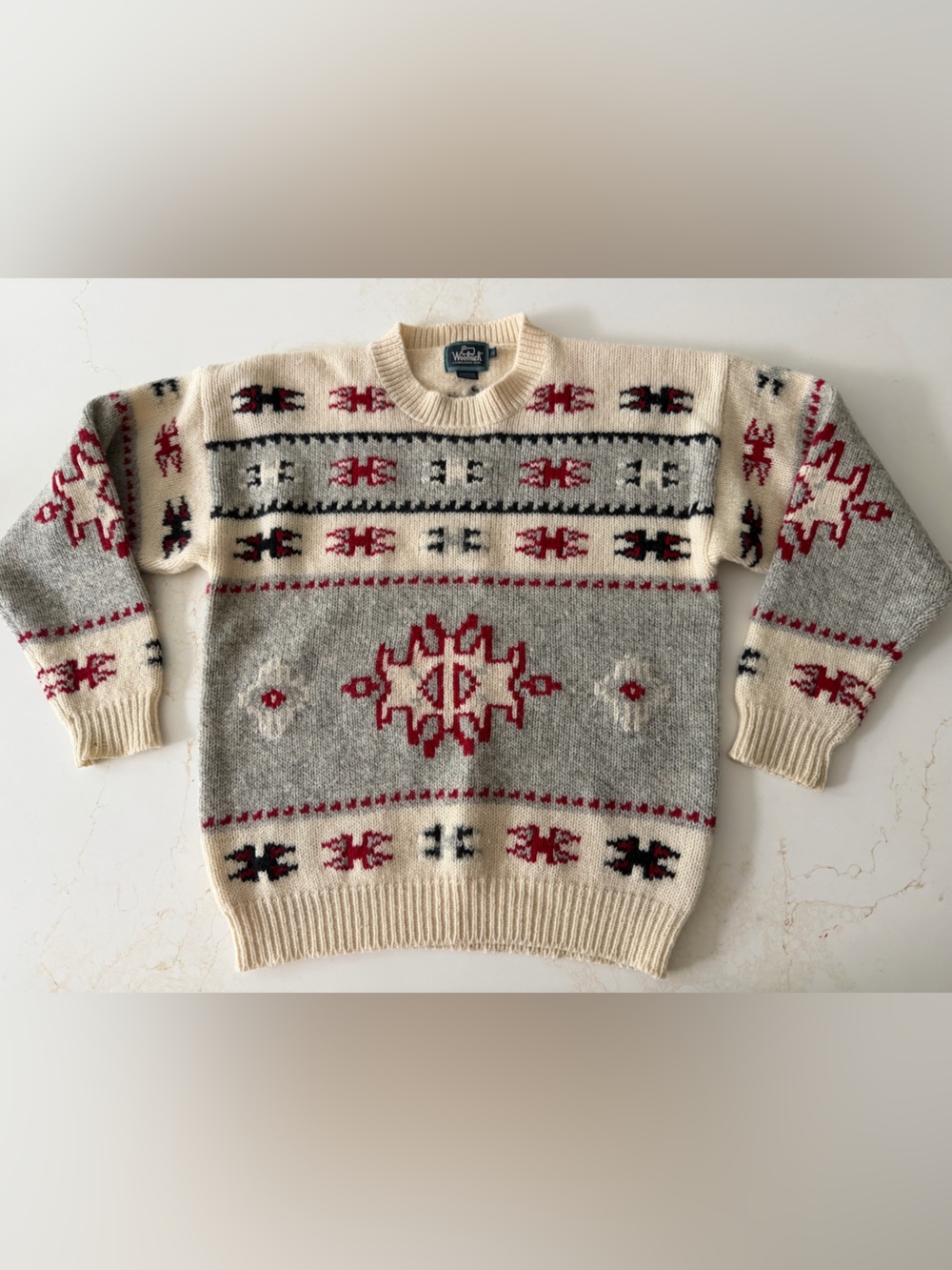 Woolrich Cream, Gray & Red chunky wool Aztec sweater